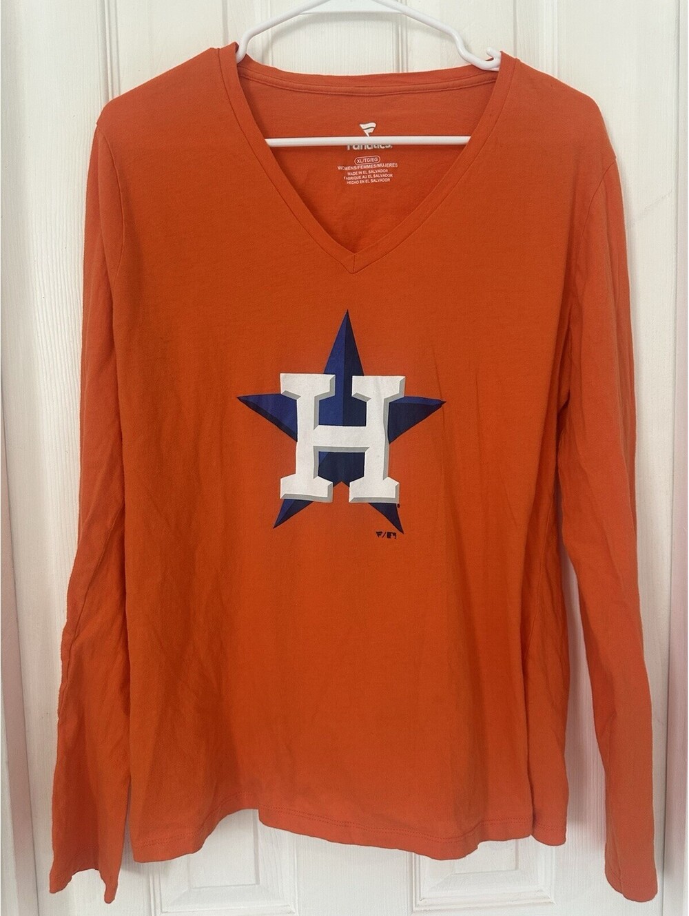 Women's Houston Astros Team Orange Primary Logo V-Neck Long Sleeve T-Shirt Sz L
